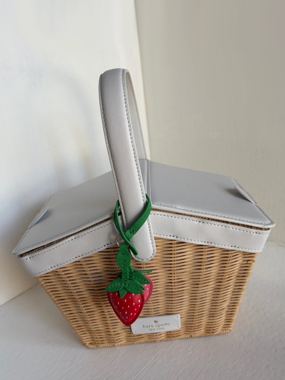 kate spade White Leather & Wicker Strawberry Picnic Basket Crossbody